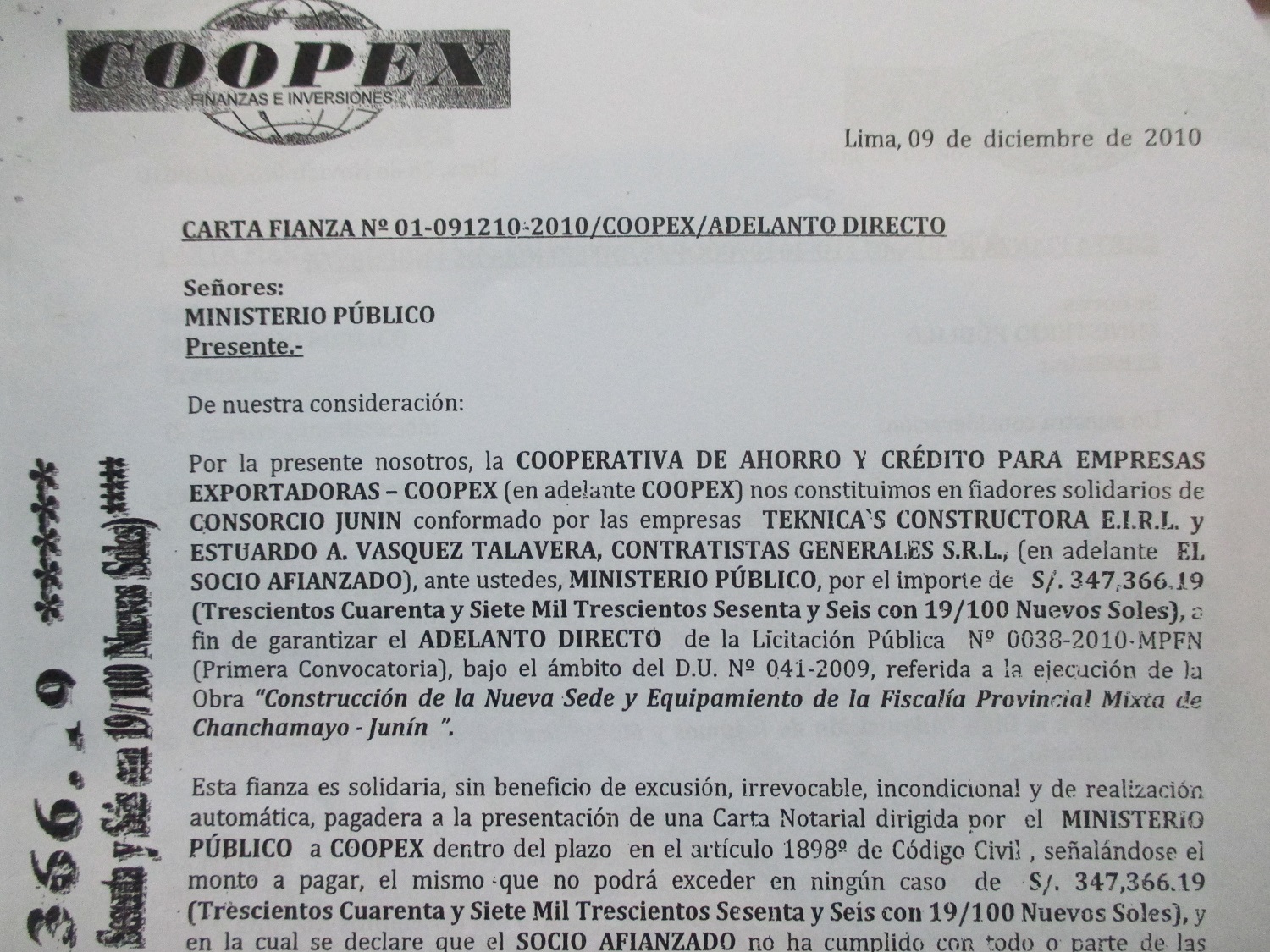Post: Caso Orellana: Coopex también emitió cartas fianza a la Fiscalía