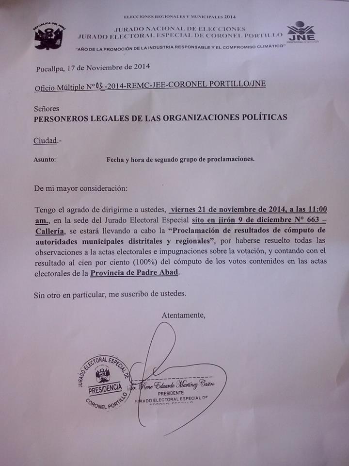 JNE entregara  credenciales a regidores y al nuevo alcalde de Padre Abad, Hugo Sosa Garcia