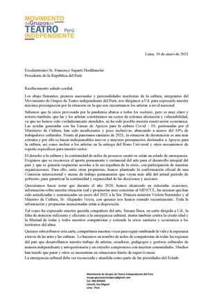 Teatristas e integrantes del Movimiento de Grupos de Teatro Independiente del Perú dirigen carta al presidente Sagasti